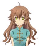  1girl absurdres ahoge aono_(aonocrotowa) aqua_dress brown_hair china_dress chinese_clothes closed_mouth dress eiyuu_densetsu eyebrows_visible_through_hair floating_hair green_eyes hair_between_eyes highres long_hair looking_at_viewer print_dress sen_no_kiseki shiny shiny_hair short_sleeves simple_background smile solo towa_herschel upper_body very_long_hair white_background 