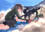  black_hair blue_eyes clouds dreadtie food glasses gloves gun jpeg_artifacts original short_hair shorts signed skirt sky weapon 