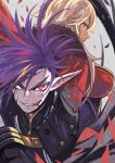  1boy 1girl black_gloves blonde_hair blood blood_on_face breasts brown_eyes cape cleavage eyepatch forehead_scar gloves grin highres large_breasts looking_at_viewer nonette_carne pixiv_fantasia pixiv_fantasia_last_saga pointy_ears purple_hair red_cape red_eyes rleven_drosselbart rumie smile upper_body 