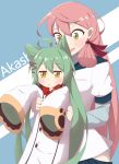  2girls ahoge akashi_(azur_lane) akashi_(kantai_collection) animal_ears azur_lane bell carrying cat_ears commentary_request crossover cssvdwa2000 green_eyes green_hair hair_ribbon headband highres hip_vent jingle_bell kantai_collection long_hair long_sleeves multiple_girls namesake pink_hair red_neckwear ribbon school_uniform serafuku skirt sleeves_past_fingers sleeves_past_wrists translation_request tress_ribbon 