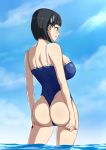  1girl absurdres aizimpjh ass ass_grab black_hair blue_sky blue_swimsuit blush bob_cut breasts day from_behind grabbing_own_ass green_eyes hair_ornament hairclip highres kirigaya_suguha large_breasts ocean one-piece_swimsuit outdoors school_swimsuit shiny shiny_hair shiny_skin short_hair sky solo standing swimsuit sword_art_online water 