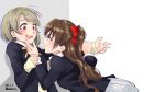  /\/\/\ 2girls artist_name bangs black_jacket blue_eyes blush bow bowtie brown_hair eye_contact face-to-face grey_skirt hair_ornament hair_ribbon hairclip half_updo hands_on_another&#039;s_cheeks hands_on_another&#039;s_face highres jacket light_brown_hair long_hair looking_at_another love_live! love_live!_school_idol_festival_all_stars multiple_girls nakasu_kasumi nijigasaki_academy_uniform open_mouth ousaka_shizuku perfect_dream_project pleated_skirt red_eyes ribbon sansensui school_uniform shirt short_hair simple_background skirt smile standing surprised white_shirt wide-eyed yuri 