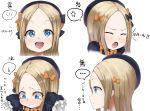  abigail_williams_(fate/grand_order) angry bangs black_bow black_headwear blonde_hair blush bow commentary_request crying face fate/grand_order fate_(series) from_side happy multiple_views orange_bow parted_bangs parusu_(ehyfhugj) polka_dot polka_dot_bow simple_background smile translation_request white_background 
