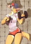  2019 5_fingers anthro athletic big_breasts blonde_hair blue_eyes bottomwear breasts canid canine canis clothed clothing digital_media_(artwork) dirty_blonde_hair dog_tags domestic_dog dumbbell exercise female fingerless_gloves fingers floppy_ears frori fur gloves hair handwear hat headgear headwear hi_res hotpants looking_at_viewer lotusgarden mammal ponytail portrait shirt shorts simple_background solo standing three-quarter_portrait tied_hair topwear track_shorts water_bottle weightlifting weights white_clothing white_shirt white_topwear workout yellow_body yellow_fur 