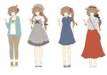  1girl absurdres alternate_hairstyle aono_(aonocrotowa) arm_behind_back bangs black_bow black_ribbon blue_bow blue_cardigan blue_dress bow bracelet brown_hair brown_headwear brown_pants cardigan closed_mouth collarbone collared_dress dress eiyuu_densetsu full_body green_eyes grey_dress grey_headwear hair_between_eyes hair_bow hair_ribbon hat head_tilt highres hood hood_down hooded_cardigan jewelry long_hair long_skirt looking_at_viewer medium_dress open_cardigan open_clothes pants pumps red_ribbon red_skirt ribbon sailor_collar sailor_dress sen_no_kiseki shirt shoes short_dress short_sleeves side_ponytail simple_background skirt smile sneakers standing straw_hat striped striped_shirt tied_hair towa_herschel variations very_long_hair white_background white_footwear white_sailor_collar white_shirt wing_collar 