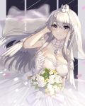  1girl arm_up azur_lane bangs bare_shoulders blush bouquet bridal_veil bride closed_mouth detached_collar dress earrings enterprise_(azur_lane) enterprise_(starlight_oath)_(azur_lane) eyebrows_visible_through_hair flower hand_in_hair holding holding_bouquet jewelry long_hair necklace purple_eyes rose shooting_star silver_hair smile solo straight_hair strapless strapless_dress veil wedding_dress white_dress white_flower white_rose yukidaifuku 