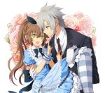  1boy 1girl :d absurdres aono_(aonocrotowa) back_bow black_bow black_jacket black_neckwear blue_shirt blue_skirt bow brown_hair carrying collared_shirt couple eiyuu_densetsu eye_contact flower frilled_skirt frills glasses gloves green_eyes grey_gloves hair_bow high_ponytail highres index_finger_raised jacket layered_skirt long_hair long_skirt long_sleeves looking_at_another necktie open_mouth pink_flower pink_rose princess_carry rean_schwartzer red_eyes rimless_eyewear rose sen_no_kiseki shiny shiny_hair shirt short_sleeves silver_hair simple_background skirt smile striped striped_legwear towa_herschel very_long_hair white_background white_shirt wing_collar wrist_cuffs 