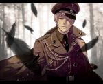  1boy axis_powers_hetalia black_feathers black_neckwear blurry blurry_background closed_mouth feathers forest hair_over_one_eye hat male_focus nature necktie orange_eyes outdoors prussia_(hetalia) red_eyes saimu solo transparent uniform upper_body white_hair 