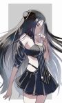  1girl bare_shoulders black_dress black_hair breasts buttons cleavage cleavage_cutout detached_sleeves dreamer_(girls_frontline) dress girls_frontline highres long_hair medium_breasts pale_skin profile ripod sangvis_ferri simple_background smile solo striped striped_dress very_long_hair yellow_eyes 