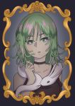  1girl alternate_costume choker chuunibyou dress framed_image gorgon green_eyes green_hair halloween highres light_green_hair nyoomdoesstuff phonon_(under_night_in-birth) short_hair snake snake_hair solo under_night_in-birth 