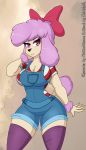  absurd_res big_breasts blush bow breasts canid canine canis clothing domestic_dog female fluffy_ears hair hi_res legwear makeup mammal overalls pink_eyes pink_hair poodle simple_background wide_hips zelripheth zwitterkitsune 