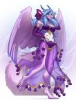  2019 4_toes 5_fingers anthro blue_eyes blue_hair breasts digital_media_(artwork) dragon feathered_dragon feathered_wings feathers female fingers hair kuroame looking_at_viewer non-mammal_breasts purple_body purple_feathers smile solo toes wings 
