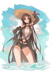  1girl breasts brown_hair choker cleavage consort_yu_(fate) detached_sleeves fate/grand_order fate_(series) hat heroic_spirit_festival_outfit highres jazztaki large_breasts long_hair ocean red_eyes shorts sun_hat very_long_hair wading 