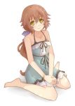  1girl aono_(aonocrotowa) bangs barefoot blue_bow blue_dress bow bracelet brown_hair closed_mouth collarbone dress eiyuu_densetsu full_body green_eyes hair_between_eyes hair_bow hands_together highres jewelry layered_dress long_hair sen_no_kiseki short_dress simple_background sitting sleeveless sleeveless_dress smile solo towa_herschel very_long_hair wariza white_background 