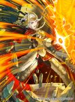  1girl armor attack aymr_(weapon) cape commentary double_bun edelgard_von_hresvelg feathers fire_emblem fire_emblem:_three_houses fire_emblem_cipher glowing glowing_weapon greaves horned_headwear kita_senri lavender_eyes official_art open_mouth red_cape shield silver_hair solo standing weapon 