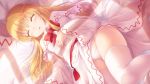  1girl :o ^_^ bangs blonde_hair blush bow bowtie closed_eyes commentary_request dress eyebrows_visible_through_hair fairy_wings fat_mons feet_out_of_frame hand_on_own_chest hat hat_removed headwear_removed highres lily_white long_hair long_sleeves lzh on_bed panties red_neckwear sash skindentation sleeping solo sunlight thighhighs touhou underwear very_long_hair white_dress white_legwear wide_sleeves wings 