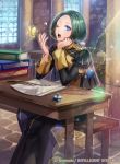  1boy blue_eyes boots bug butterfly epaulettes faceless faceless_male feathers fire_emblem fire_emblem:_three_houses fire_emblem_cipher garreg_mach_monastery_uniform green_hair insect linhardt_von_hevring long_hair low_ponytail matsurika_youko official_art one_eye_closed open_mouth sitting solo sparkle teeth window yawning 