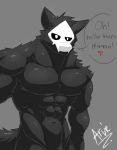  ! &lt;3 anthro arvie biceps black_body canid canine canis changed_(video_game) dialogue digital_media_(artwork) english_text featureless_crotch fluffy fur male mammal mask muscular nude pecs puro_(changed) simple_background solo speech_bubble text wolf 