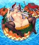  1girl :o absurdres afloat azur_lane bare_shoulders breasts candy_corn clitoris constricted_pupils food frills halloween hat highres huge_filesize imminent_vaginal inflatable_toy inverted_nipples large_breasts lips long_hair looking_at_viewer looking_up lucknight nail_polish navel paid_reward panties panties_removed pasties patreon_reward prinz_eugen_(azur_lane) pussy see-through silver_hair solo spread_legs sweets thighhighs turret underwear water witch_hat yellow_eyes 