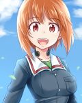  1girl :d bangs blue_jacket blue_sky brown_eyes brown_hair cloud cloudy_sky commentary eyebrows_visible_through_hair girls_und_panzer green_shirt highres jacket kitayama_miuki long_sleeves looking_at_viewer military military_uniform nishizumi_miho ooarai_military_uniform open_mouth shirt short_hair sky smile solo throat_microphone uniform upper_body 