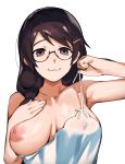  1girl :3 absurdres areolae armpits bakemonogatari bangs black_eyes black_hair breasts breasts_apart closed_mouth covered_nipples empty_eyes eyebrows_visible_through_hair fingernails glasses hand_on_own_chest hanekawa_tsubasa highres inverted_nipples large_areolae large_breasts lingerie long_hair looking_at_viewer monogatari_(series) nail_polish negligee nipples no_bra one_breast_out paid_reward patreon_reward pink_nails puffy_nipples pulled_by_self roropull semi-rimless_eyewear simple_background smile solo spaghetti_strap strap_pull under-rim_eyewear underwear upper_body white_background white_camisole 