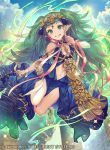  1girl barefoot bracelet braid cloud fire_emblem fire_emblem:_three_houses fire_emblem_cipher green_eyes green_hair hair_ornament jewelry navel official_art pointy_ears sky solo sothis_(fire_emblem) sparkle teeth umiu_geso 