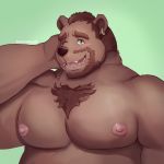  &lt;3 2019 anthro areola barmaku beard belly big_muscles big_pecs blush body_hair brown_bear brown_body brown_fur brown_hair chest_tuft digital_media_(artwork) ear_piercing ear_ring english_text facial_hair fangs fur green_eyes grizzly_bear hair hand_behind_head hand_on_head looking_at_viewer male mammal musclegut muscular muscular_male nipples one_eye_closed open_mouth open_smile overweight overweight_male pecs piercing pink_areola pink_nipples pink_tongue short_hair simple_background smile solo teeth text tongue tuft ursid ursine 