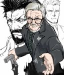  3boys beard berezovich_kryuger_(girls_frontline) black-framed_eyewear black_neckwear black_shirt black_suit cane collared_shirt commentary_request facial_hair formal girls_frontline glasses grey_hair havel_witkin_(girls_frontline) holding holding_cane keshin looking_at_viewer multiple_boys mustache necktie old_man partially_colored raised_eyebrow reaching_out scar serious shirt simple_background smile suit white_background yegor_(girls_frontline) 