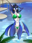  2019 abs aimi anthro black_hair breasts day detailed_background digital_media_(artwork) eyebrows eyelashes female fish green_eyes hair marine navel non-mammal_breasts outside partially_submerged shark solo 