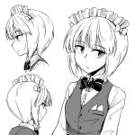  1girl bangs bartender blunt_bangs bow bowtie closed_mouth cropped_torso cutlass_(girls_und_panzer) dress_shirt eyebrows_visible_through_hair from_behind from_side frown girls_und_panzer greyscale handkerchief highres kitayama_miuki long_sleeves looking_at_viewer maid_headdress monochrome multiple_views school_uniform shirt short_hair smile solo vest wing_collar 