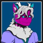  2019 anthro black_sclera clothed clothing digital_media_(artwork) dragon fur furred_dragon green_body green_fur hair headshot male prisma_faerdo prismanoodle_(artist) purple_body purple_fur simple_background solo white_body white_fur white_hair 