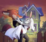  anthro black_tie_(suit) bridal_carry building canid canine carrying claws clothing detailed_background disney dress duo eye_contact fence fluffy fluffy_tail fox fur gabriel_tng grey_body grey_fur house inner_ear_fluff judy_hopps lagomorph leporid looking_at_another mammal nick_wilde orange_body orange_fur outside plant rabbit red_fox shrub sky smile standing suit sunset tuft wedding_dress zootopia 
