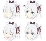  1girl :t animal_ear_fluff animal_ears azur_lane bangs black_bow blood blue_eyes bow cat_ears cat_hair_ornament closed_eyes closed_mouth commentary expressions eyebrows_visible_through_hair grey_hair hair_bow hair_ornament hair_ribbon hammann_(azur_lane) highres long_hair multiple_views one_side_up open_mouth pout red_ribbon ribbon simple_background spoken_squiggle squiggle v-shaped_eyebrows wavy_mouth white_background yuujoduelist 