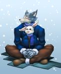  &lt;3 2019 absurd_res anthro artist-apprentice587 beastars blush bodily_fluids canid canine canis claws clothing duo female haru_(beastars) hi_res interspecies lagomorph larger_male legosi_(beastars) leporid male male/female mammal rabbit scarf sitting size_difference smaller_female snow sweat wolf 