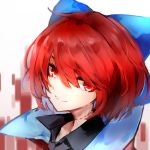  1girl absurdres black_shirt blue_bow bow collared_shirt grin hair_bow highres looking_at_viewer neck_scar portrait red_eyes red_hair safutsuguon sekibanki shirt short_hair smile solo touhou 