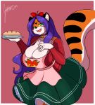  accessory apron breasts cleavage clothed clothing felid female food hair hair_accessory hair_bow hair_ribbon jwinkz mammal pantherine pie ribbons solo tiger 