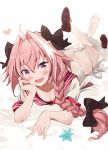  1boy ass astolfo_(fate) bangs black_bow blush bow braid fang fate/apocrypha fate/grand_order fate_(series) fuku_kitsune_(fuku_fox) hair_intakes highres legs_up long_braid long_hair looking_at_viewer lying multicolored_hair on_stomach open_mouth otoko_no_ko pink_hair purple_eyes simple_background single_braid smile solo streaked_hair white_background white_hair 