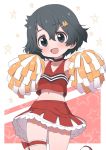  1girl alternate_costume bare_legs bare_shoulders black_hair blue_eyes blush cheerleader choker commentary_request cowboy_shot crop_top eyebrows_visible_through_hair frilled_skirt frills hair_ornament hairclip highres kaban_(kemono_friends) kemono_friends looking_at_viewer midriff multicolored multicolored_clothes multicolored_skirt navel no_hat no_headwear pleated_skirt pom_poms ransusan red_shirt red_skirt shirt short_hair skirt sleeveless smile solo thigh_bow thigh_strap white_skirt 