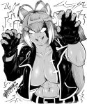  1girl 2019 abs animal_ears antenna_hair belt blazblue bolt breasts buck_teeth claw_pose cleavage commentary cosplay dark_skin english_commentary fingerless_gloves gloves greyscale halloween_costume high_contrast highres jacket joe_shimamura looking_at_viewer makoto_nanaya mismatched_sleeves monochrome no_bra no_pupils open_clothes open_jacket patchwork_skin solo squirrel_ears squirrel_girl squirrel_tail stitches tail vampire_(game) victor_von_gerdenheim victor_von_gerdenheim_(cosplay) 