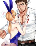  !? 1boy 1girl animal_ears ass backless_outfit blue_eyes blue_leotard blush breasts brown_hair brown_legwear bunny_ears bunny_girl bunny_tail bunnysuit chris_redfield detached_collar facial_hair fake_animal_ears fake_tail height_difference hetero jill_valentine large_breasts leotard low_ponytail muscle musical_note nagare pantyhose resident_evil resident_evil_5 seamed_legwear strapless strapless_leotard stubble sweatdrop tail undone_necktie undressing_another wrist_cuffs 