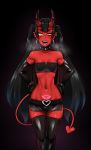  2019 ambiguous_gender armwear bandeau black_hair breasts clothed clothing collar demon ear_piercing elbow_gloves fangs female gloves hair handwear horn humanoid legwear navel not_furry open_mouth piercing pigtails red_body red_skin skimpy small_breasts solo spade_tail thigh_highs tongue tongue_out twrlare womb_tattoo yellow_eyes 