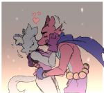  &lt;3 anthro backpack breasts canid canine cape clothed clothing collar comfort duo felid feline female fox gloves hand_on_cheek hand_on_hip handwear hug kissing male mammal neckwear partially_clothed peeboo retrof1sh side_view simple_background skimpy 