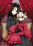  2girls artist_name bangs black_bow black_dress black_gloves black_hair black_hairband black_ribbon blonde_hair blue_eyes bow bukkuri chair closed_mouth commentary_request crescent curtains dated dress eyebrows_visible_through_hair flower girls_und_panzer gloves gothic_lolita hair_flower hair_ornament hair_ribbon hairband half-closed_eyes high_collar highres katyusha lolita_fashion lolita_hairband long_dress long_hair looking_at_viewer multiple_girls nonna partial_commentary pillow red_dress red_flower red_rose ribbon rose short_hair signature sitting sitting_on_lap sitting_on_person sleeves_past_fingers sleeves_past_wrists smile star swept_bangs 