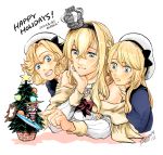  bangs blonde_hair blue_eyes blue_sailor_collar braid christmas_tree commentary_request corset crossed_bangs crown dress flower french_braid happy_holidays hat janus_(kantai_collection) jervis_(kantai_collection) kantai_collection long_hair long_sleeves mini_crown multiple_girls off-shoulder_dress off_shoulder parted_bangs red_flower red_ribbon red_rose ribbon rose sailor_collar sailor_dress sailor_hat upper_body warspite_(kantai_collection) white_background white_dress white_headwear yamada_rei_(rou) 