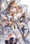  1girl armor armored_dress bangs bare_shoulders belt blonde_hair blue_eyes blush boots breasts diadem dress flag flower gauntlets granblue_fantasy grin hair_between_eyes hair_flower hair_intakes hair_ornament halterneck highres hinahino jeanne_d&#039;arc_(granblue_fantasy) large_breasts lily_(flower) long_hair looking_at_viewer smile solo sword thigh_boots thighhighs weapon white_background white_dress white_flower 