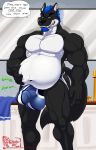  2019 5_fingers anthro balls beard biceps big_muscles biped black_body black_fur black_nose black_skin blue_eyes blue_hair bulge canid canine canis clothing day english_text facial_hair fingers fur green_eyes grin hair hand_on_stomach hungothenomster jockstrap male male_pred mammal multicolored_body multicolored_fur multicolored_skin musclegut muscular muscular_male muscular_thighs pecs penis penis_outline post_vore sharp_teeth slightly_chubby smile solo speech_bubble standing teeth text tight_underwear two_tone_body two_tone_fur two_tone_skin underwear vore white_body white_fur white_skin wolf 