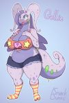  2019 2_toes 4_fingers absurd_res antennae_(anatomy) anthro belly big_breasts blue_eyes blush bottomwear breasts cleavage clothed clothing countershading crop_top curled_tail cutoffs deep_navel denim denim_clothing dragon eyelashes fan_character female fingers gellie_(snackbunnii) goodra hair hand_on_breast hi_res huge_breasts knee_socks legwear long_hair long_neck midriff navel nintendo open_mouth pattern_clothing pattern_legwear pok&eacute;mon pok&eacute;mon_(species) purple_body purple_hair shirt shorts slightly_chubby slime snackbunnii socks solo spots spotted_body standing striped_clothing striped_legwear stripes thick_tail thick_thighs toes tongue topwear video_games 