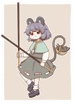  1girl animal_ears basket black_dress black_footwear capelet dress eyebrows_visible_through_hair food full_body grey_hair highres holding_pocky jewelry looking_at_viewer mouse mouse_ears mouse_tail nazrin oversized_food pendant pocky pocky_day poronegi red_eyes shirt short_hair socks standing tail tail_hold touhou white_legwear white_shirt 