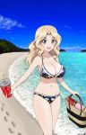  1girl artist_name basket beach bikini bird black_bikini blonde_hair blue_eyes blue_sky breasts bukkuri cleavage cloud cloudy_sky coca-cola commentary cup dated day disposable_cup drinking_straw eyebrows_visible_through_hair footprints girls_und_panzer hair_intakes highres holding holding_cup kay_(girls_und_panzer) large_breasts long_hair looking_at_viewer navel ocean open_mouth print_bikini seagull signature sky smile solo standing swimsuit 