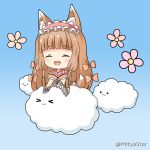  &gt;_&lt; 1girl :3 :d ^_^ animal_ear_fluff animal_ears bangs blue_background blush bow brown_bow brown_hair brown_kimono closed_eyes closed_mouth cloud commentary_request dog_ears dog_girl dog_tail eyebrows_visible_through_hair fang flower hair_bow himemiya_maho japanese_clothes kimono long_hair miicha open_mouth pink_flower princess_connect! princess_connect!_re:dive smile solo tail twitter_username very_long_hair 
